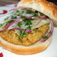 Chickpea and Sweet Potato Burgers with Dill Cucumbers