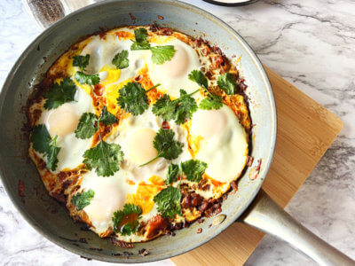 spicy shakshuka in a non-stick frying pan