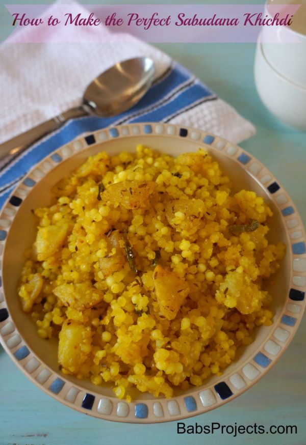 Sabudana Khichdi, Tapiaco Pearls in a Bowl with White Napking and Spoon on the Side