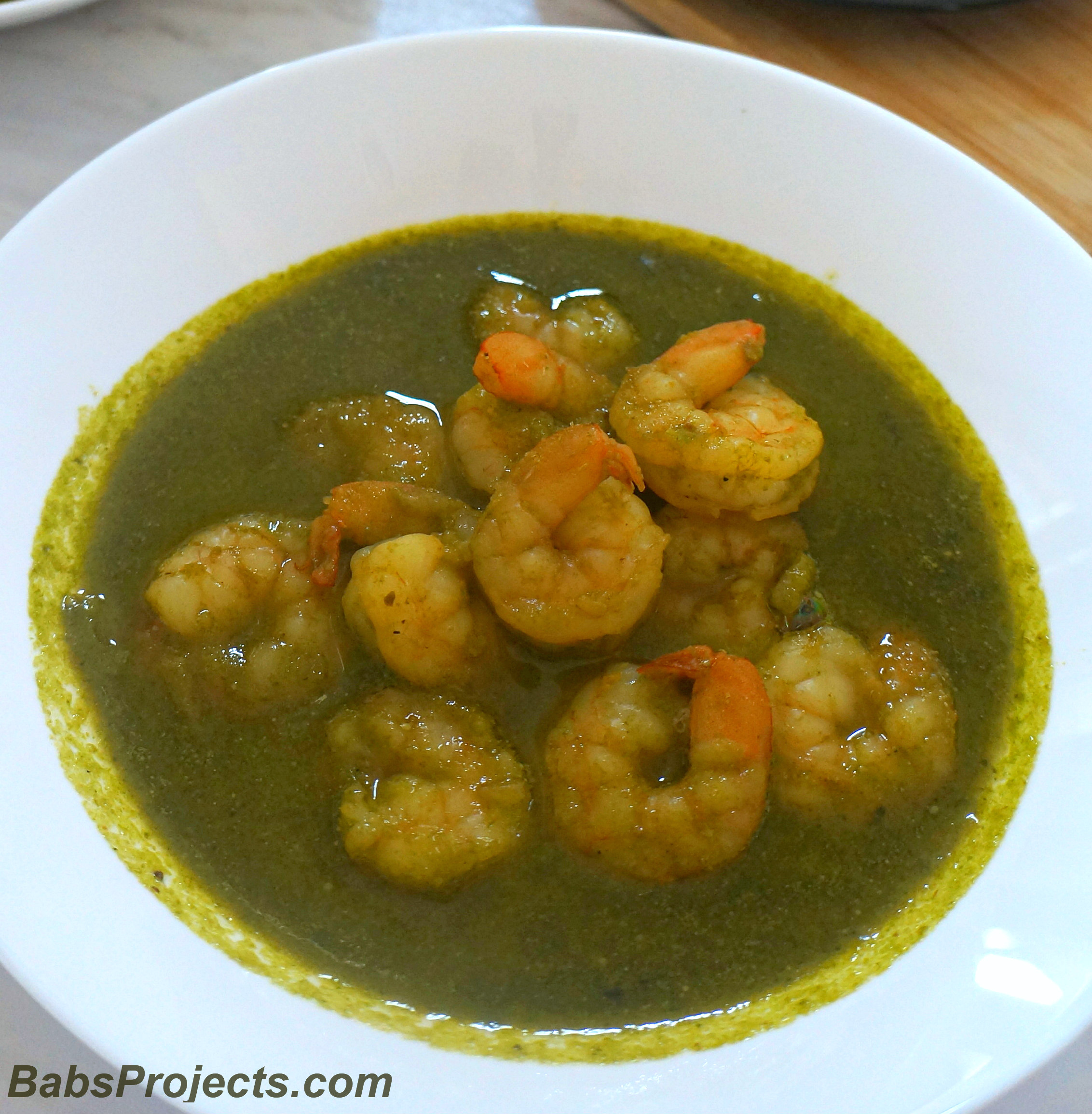Green Masala Shrimp Curry in a White Bowl - Hariyali Jinga Kadhi