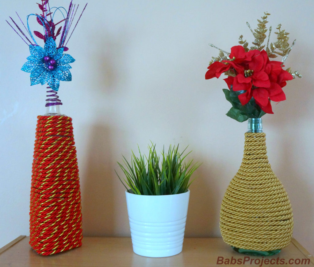 Decorative Cord Wrapped Christmas Vases with Empty Wine Bottles
