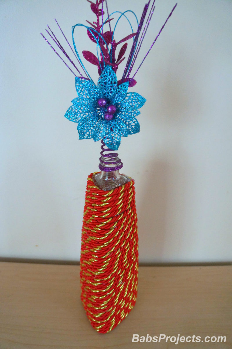 Decorative Cord Wrapped Christmas Vases with Red and Golden Cord, Blue and Purple Flowers
