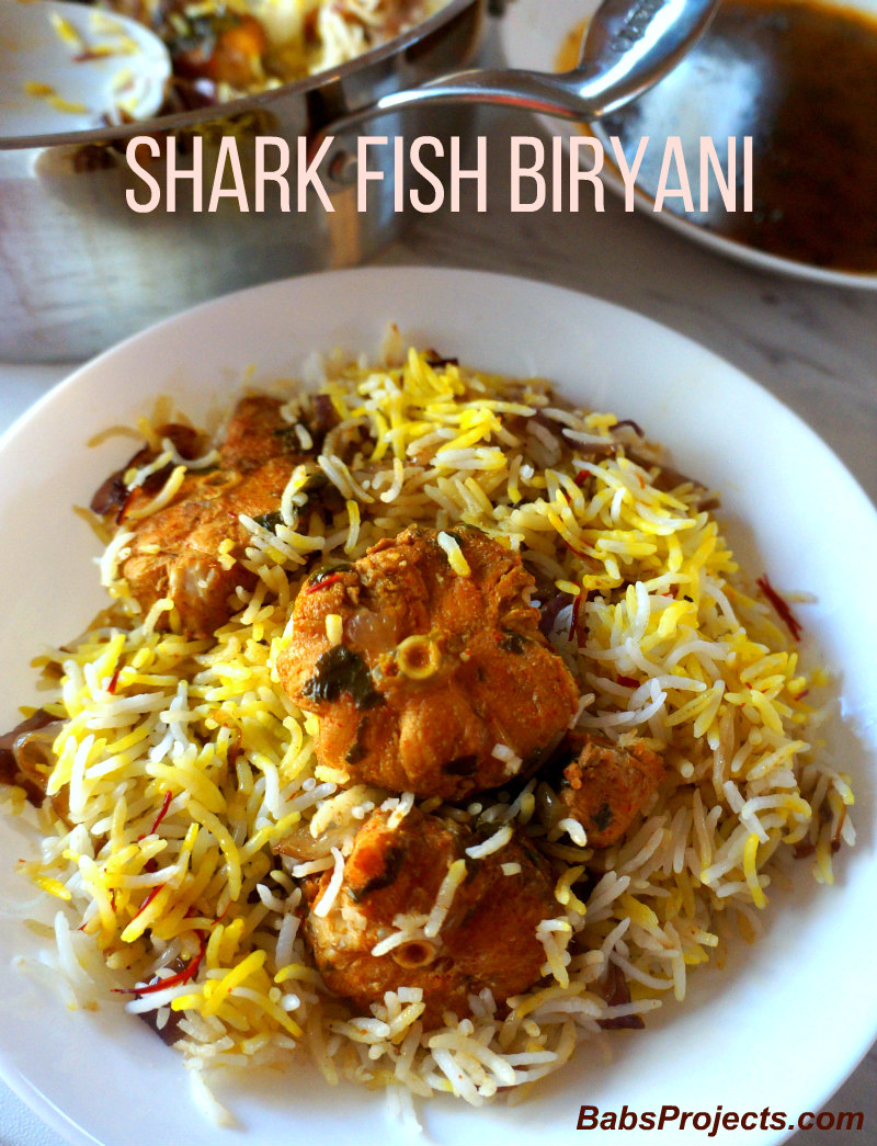 Cooked Shark Fish on a Bed of Yellow and White Rice with Saffron