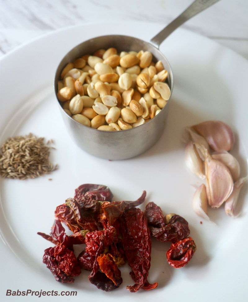 Peanuts, Cumin, Red Dry Chilis and Garlic on a White Plate