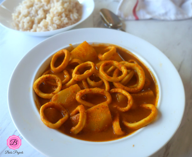 Squid and Potatoes Curry in White Bowl