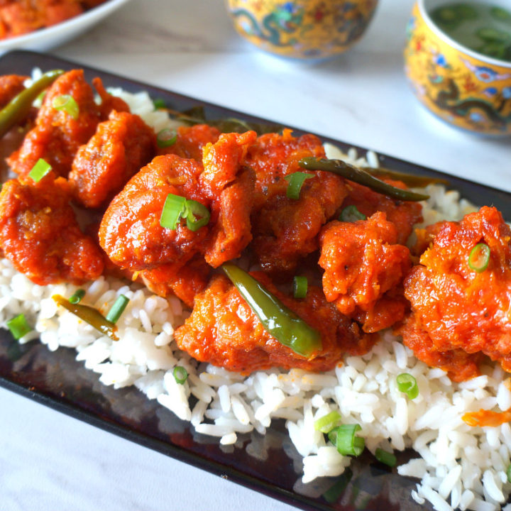 Chili Chicken on Bed of Rice