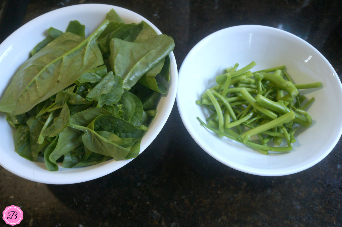 Basale Leaves and Stems Separated in Two White Bowls