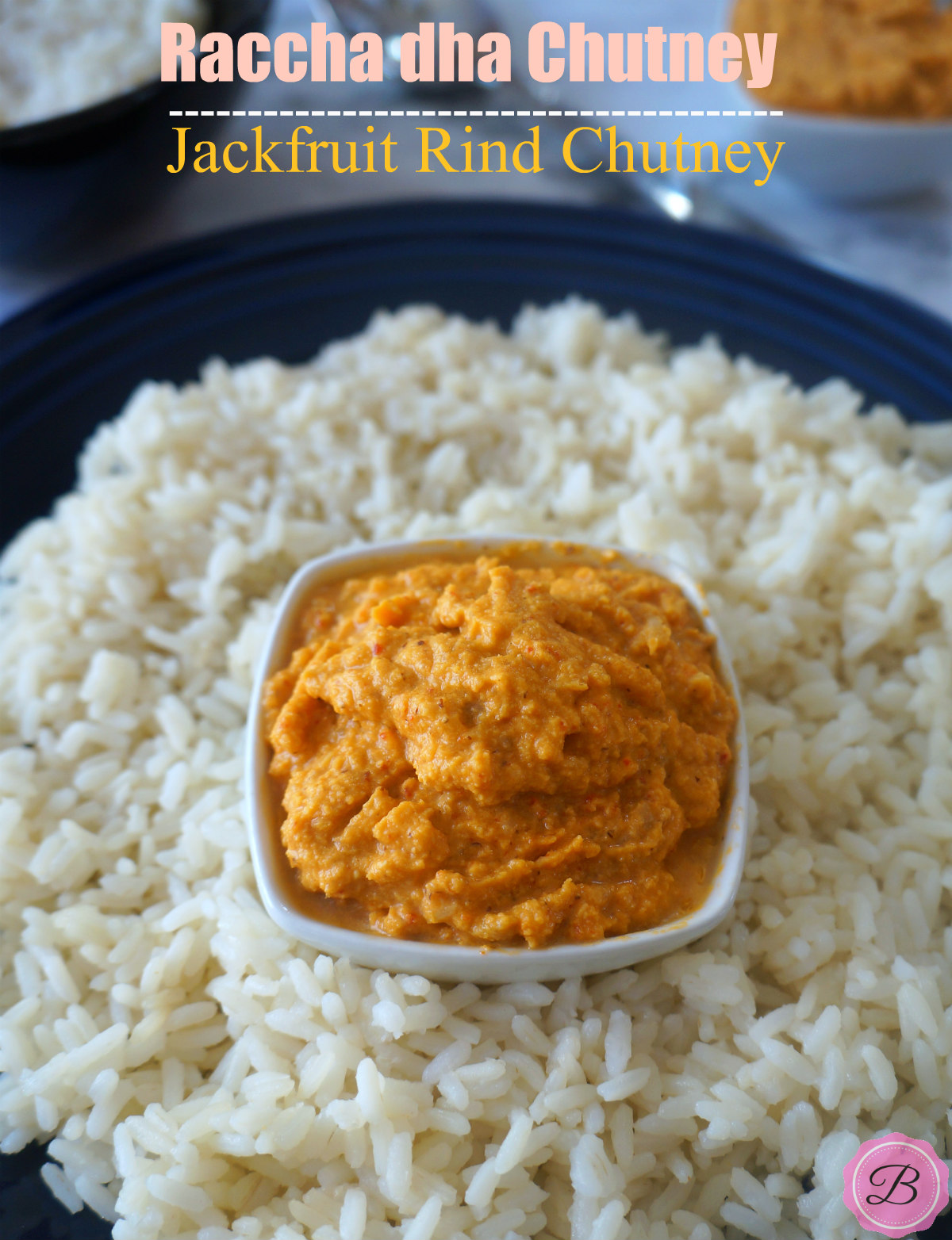 Raccha Dha Chutney in a White Bowl with White Rice Around it.