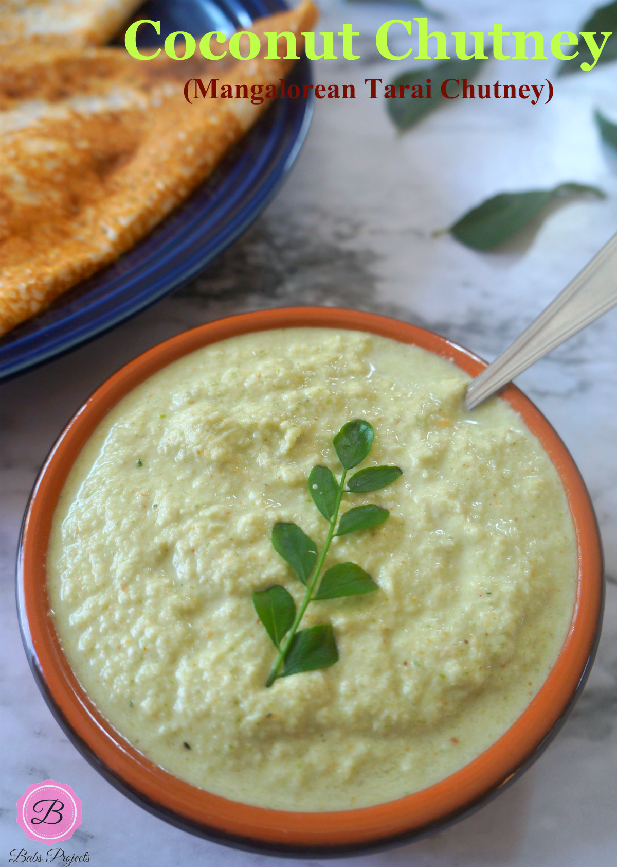 Coconut Chutney in a Brown Bowl with Curry Leaves Garnish