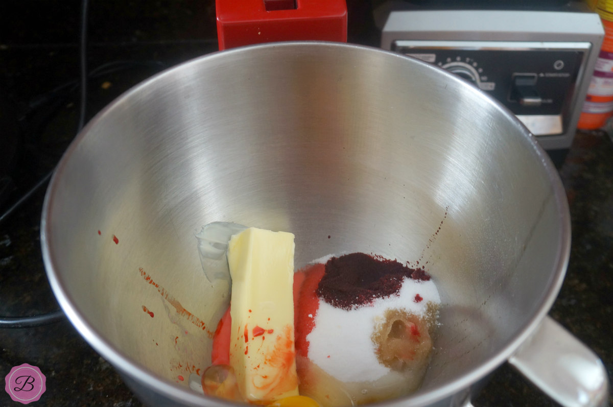 Ingredients for Red Velvet Cookies in a Mixing Bowl