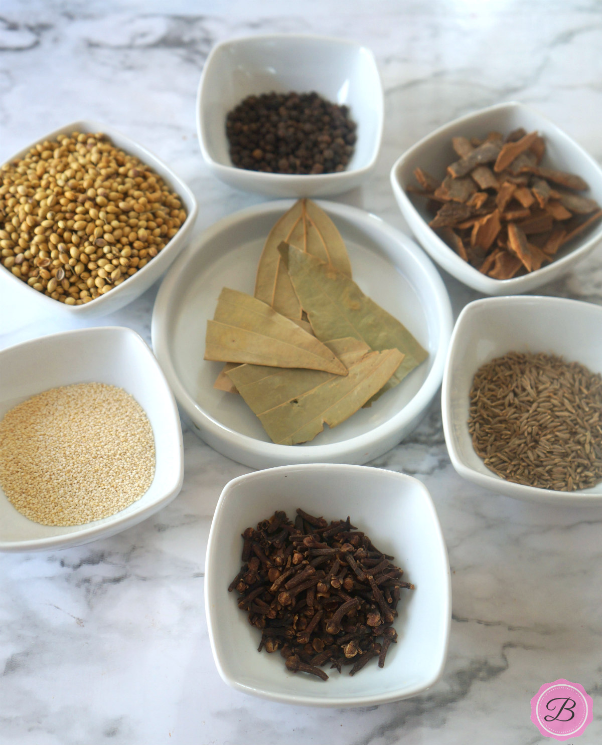 All Kinds of Spices in White Bowls