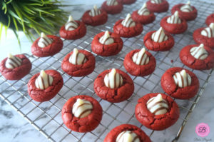 red-velvet-blossom-cookies on a rack