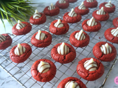 red-velvet-blossom-cookies on a rack