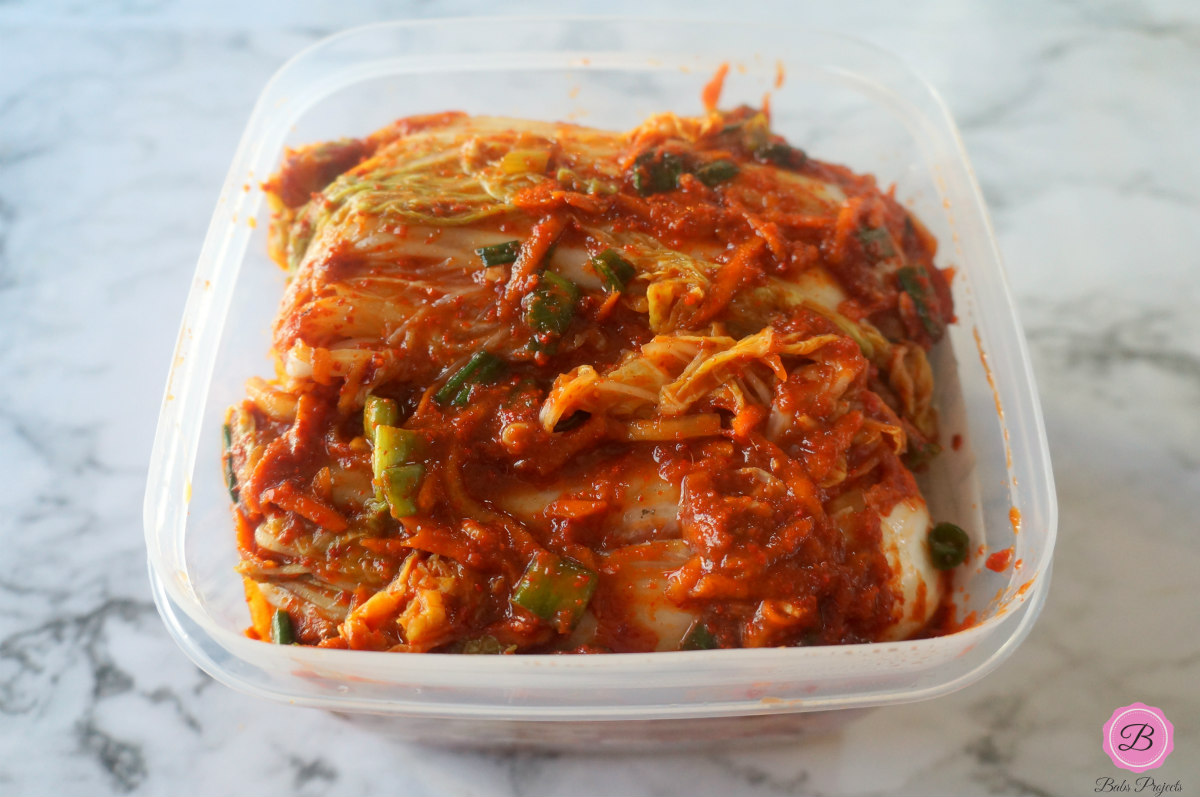 Napa Cabbage Kimchi in a Plastic Container