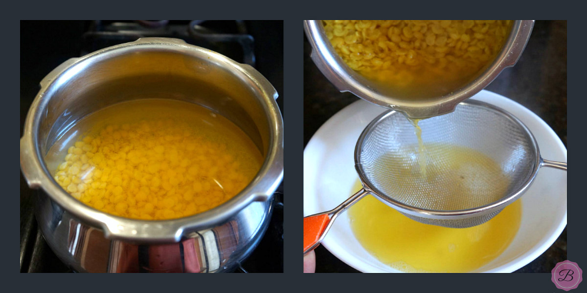 Collage of Channa Daal Stock and Straining the Stock