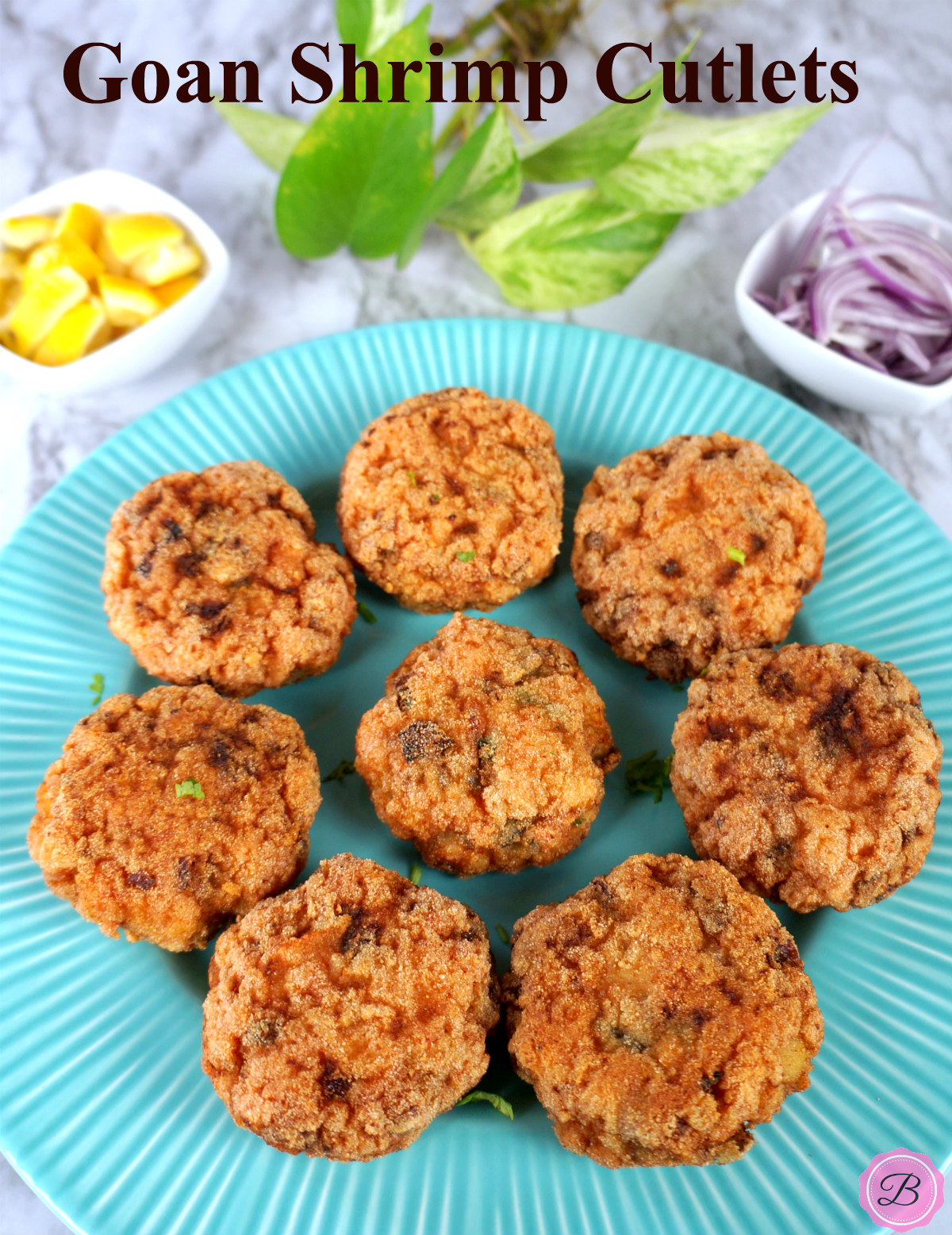 8 Shrimp Cutlets Served on a Blue Plate