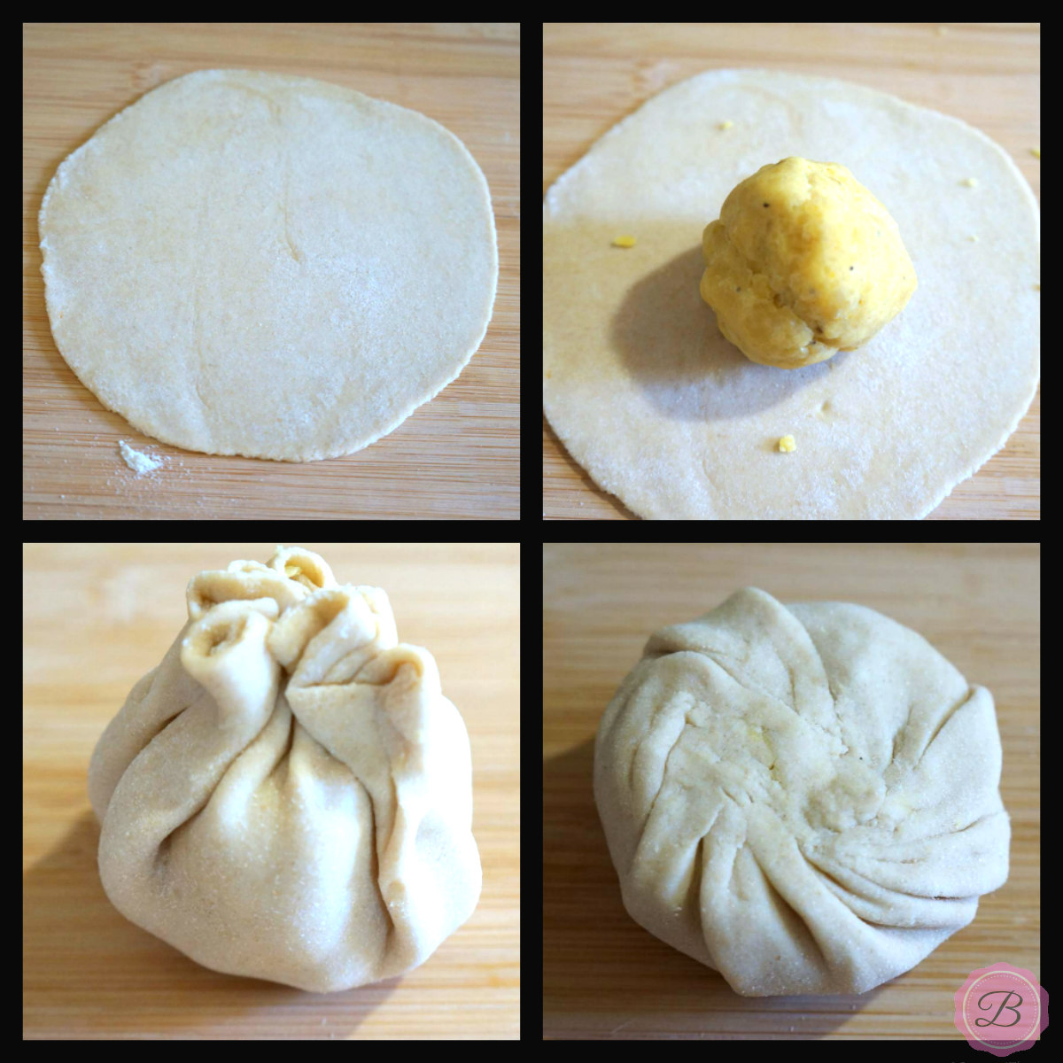 Steps Showing how to Stuff Puran into the dough (Flatbread)