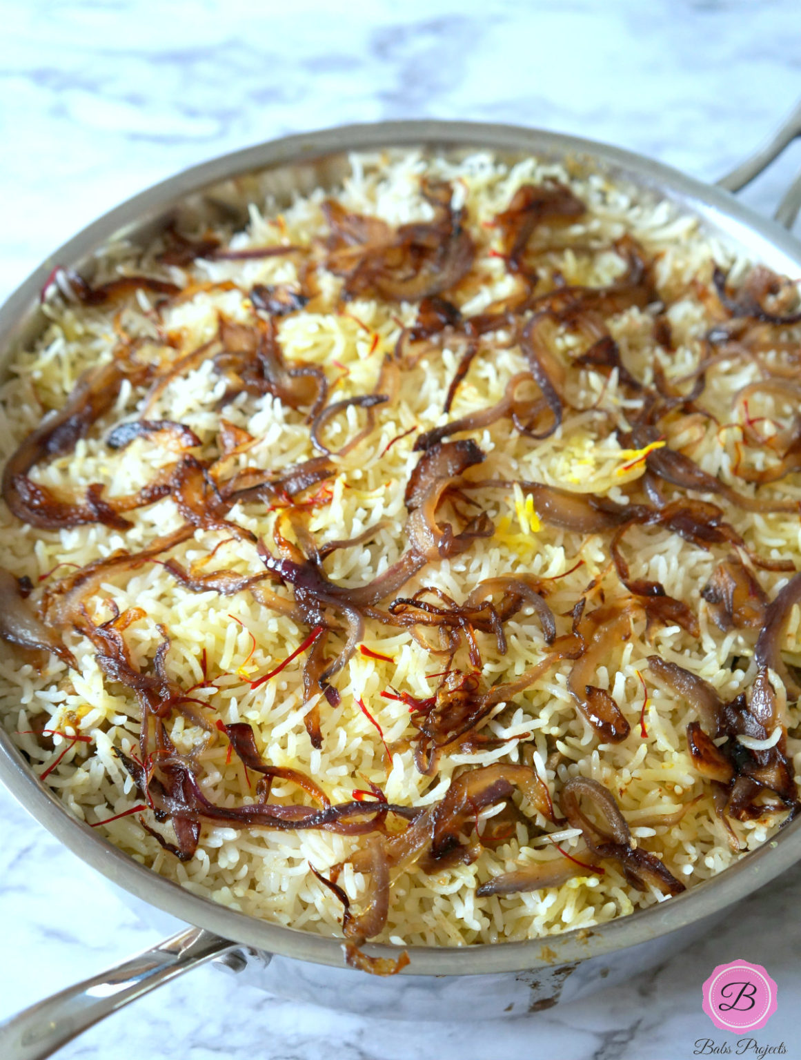 Karnataka Style Chicken Biryani in a Stainless Steel Pan