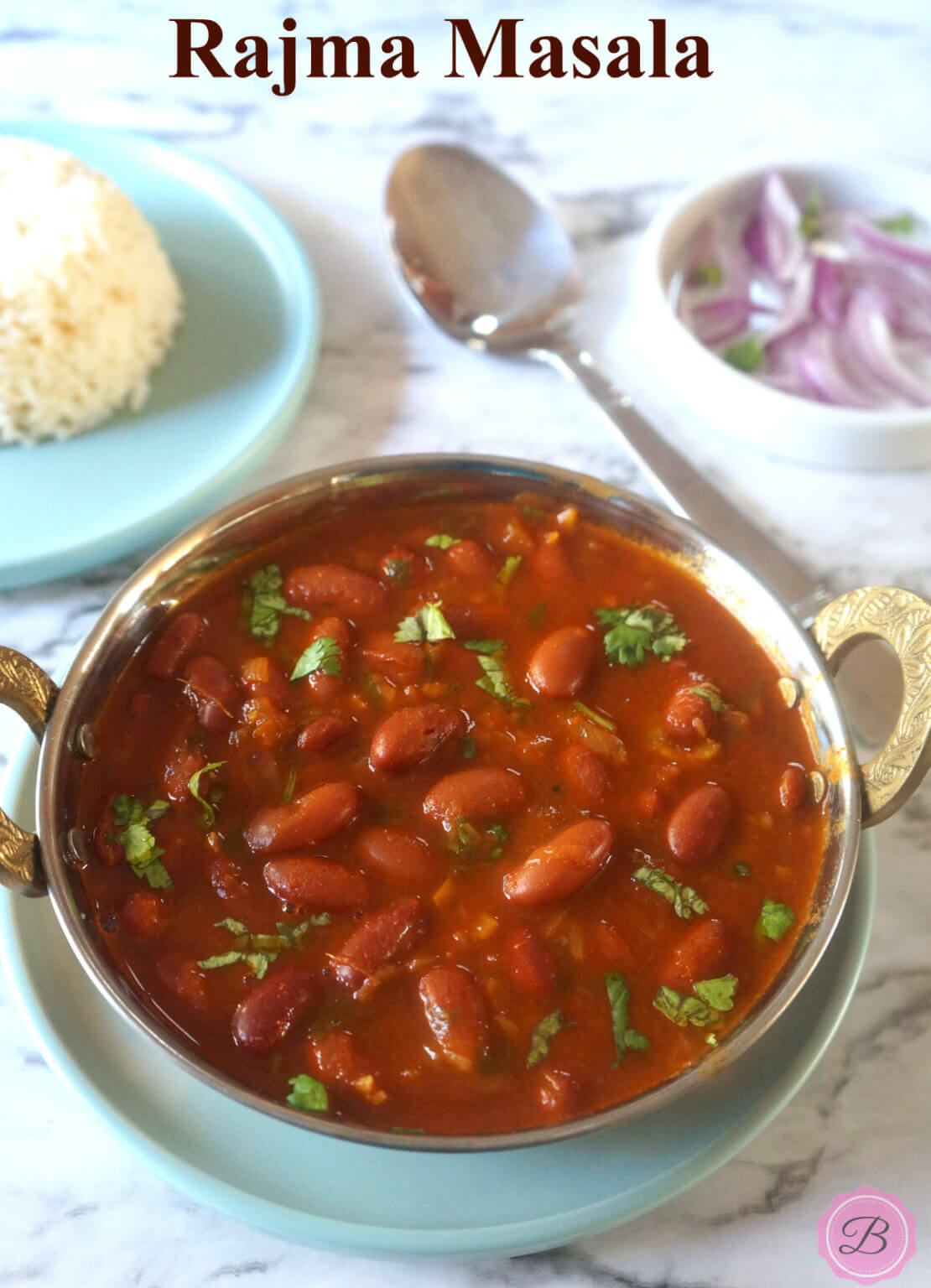 Rajma Masala with Rice and Sliced Onions on the Side
