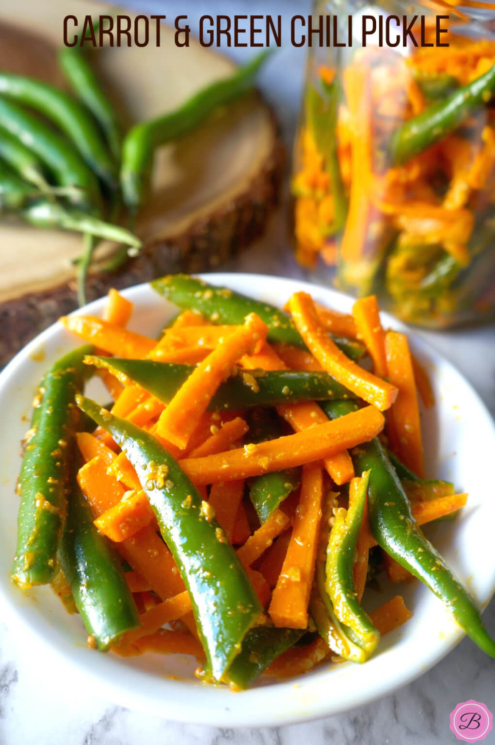 Carrot Green Chili Pickle with Green Chilis on the side