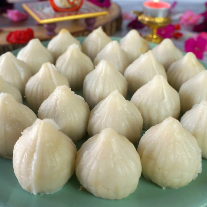 Steamed Rice Modak on a Blue Plate