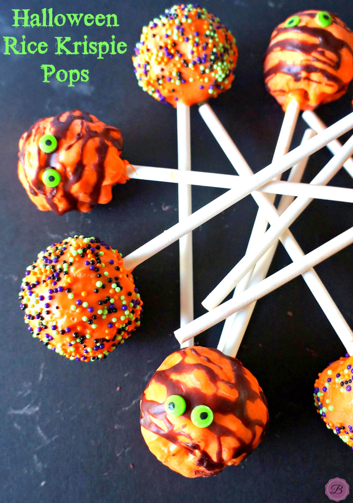 Orange Halloween Rice Krispie Pop over a Black Background