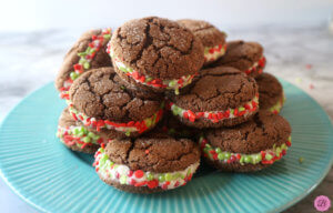 Cocoa Crinkle Sandwiches on a Blue Plate