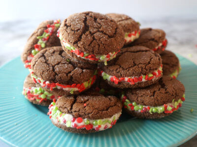 Cocoa Crinkle Sandwiches on a Blue Plate