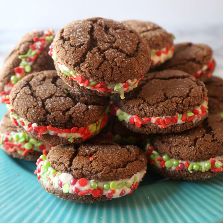 Cocoa Crinkle Sandwiches on a Blue Plate