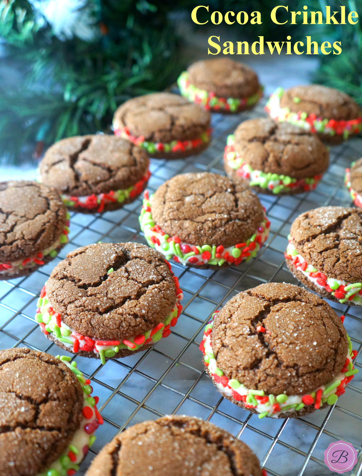 Cocoa Crinkle Sandwich Cookie on a Cookie Rack