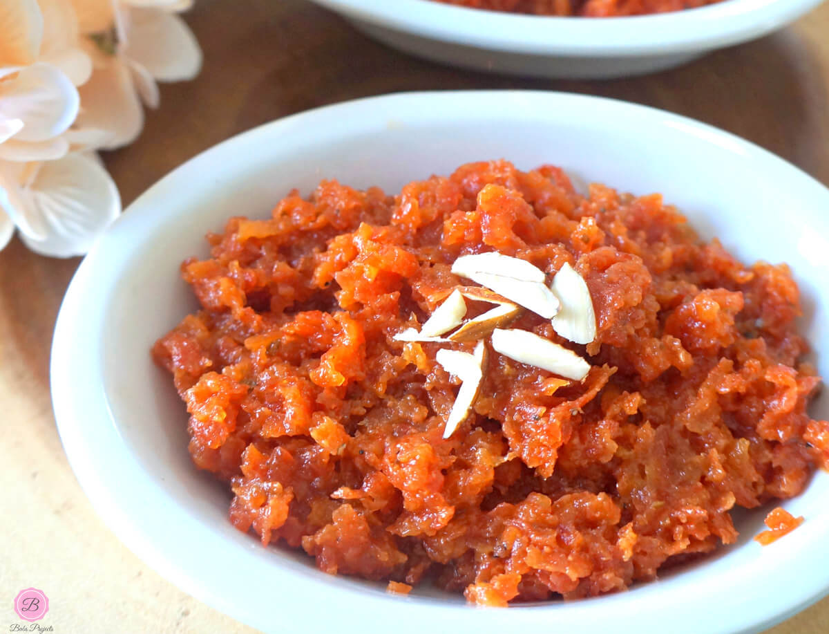 Picture of Gajar (Carrot) Halwa in a White Bowl