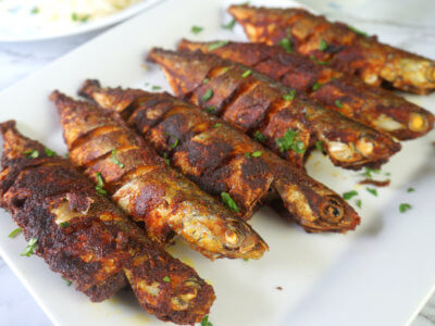 Fried Mackerel on a White Platter