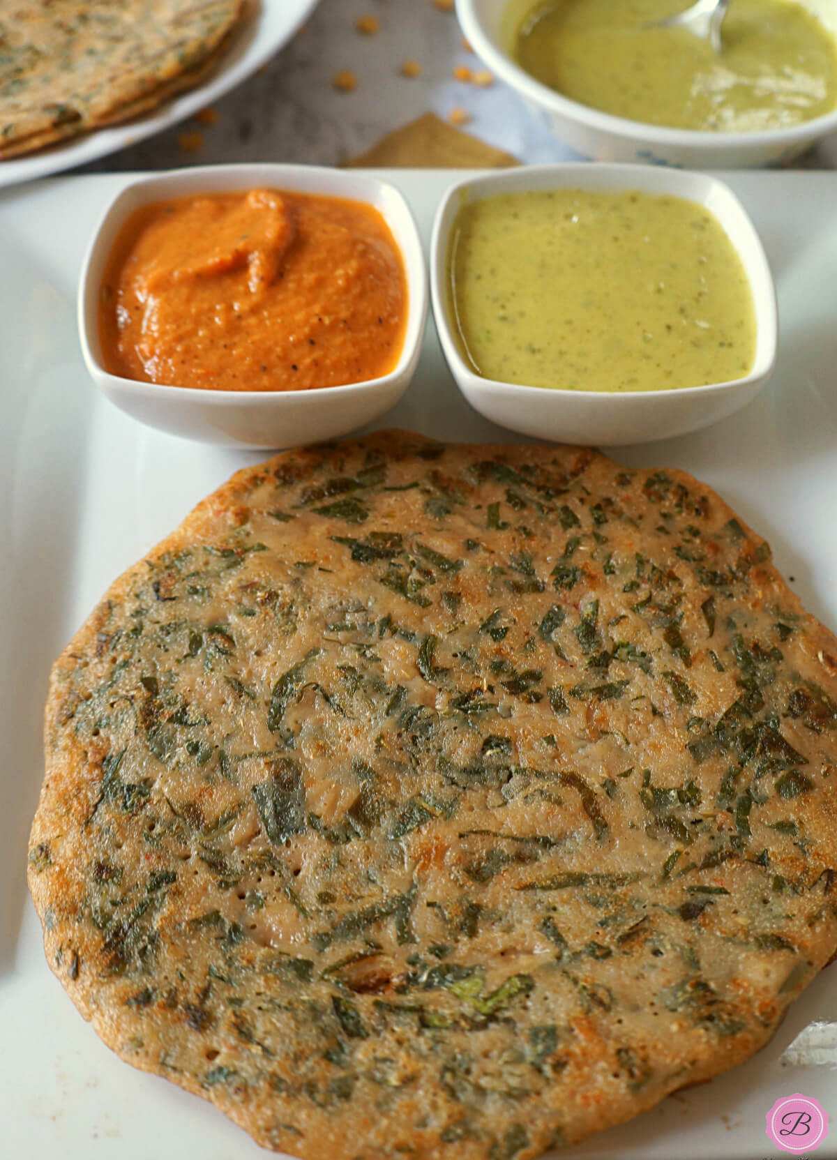 Taro Leaves Dosa with 2 Chutneys on the Side.
