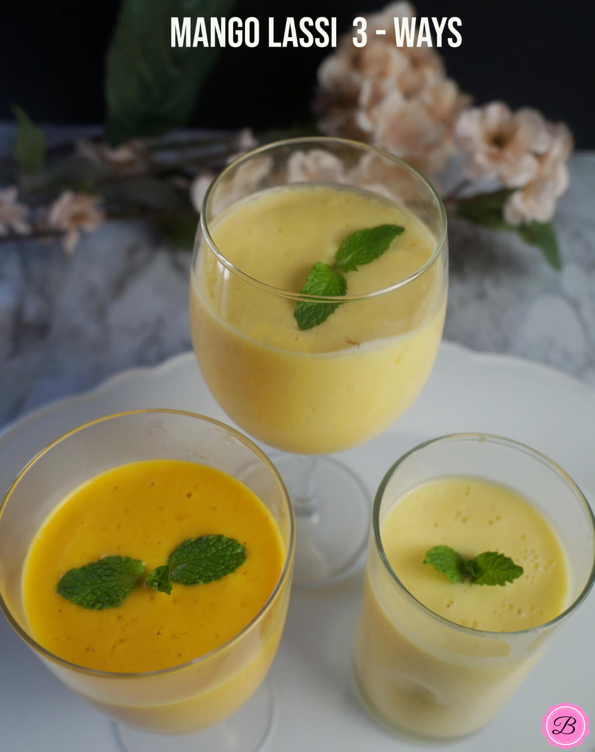 Overhead Shot of Mango Lassi in 3 Different Glasses