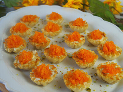 Rabdi Bites in Phyllo Cups on a White Platter