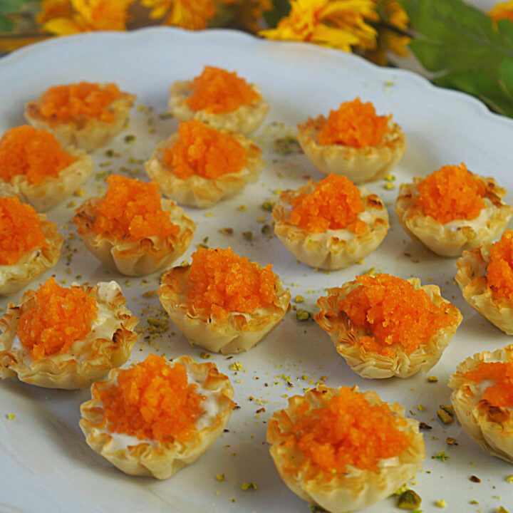 Rabdi Bites in Phyllo Cups on a White Platter